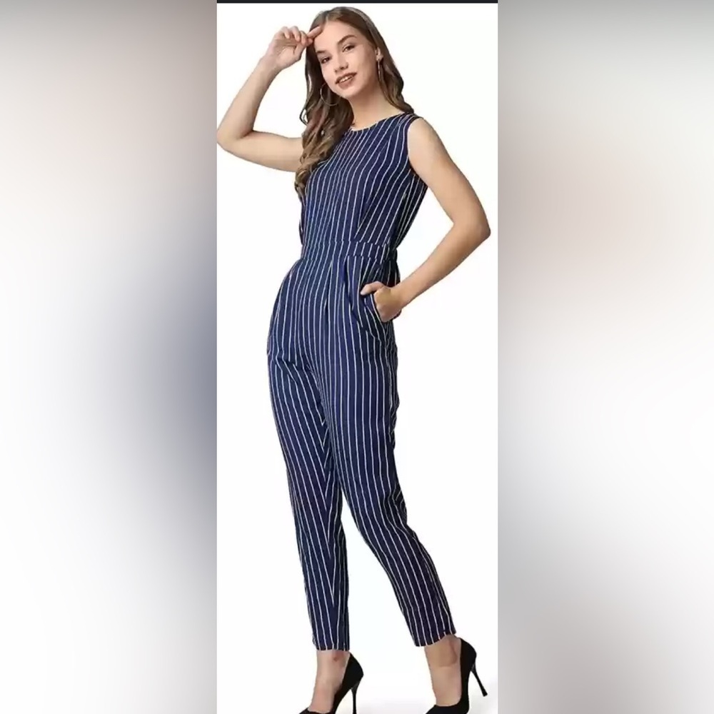 Women’s Navy White Striped Sleeveless Cutout Jumpsuit NWOT
